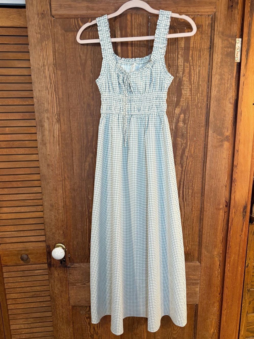 Sage Green & White Gingham Smocked Maxi Dress